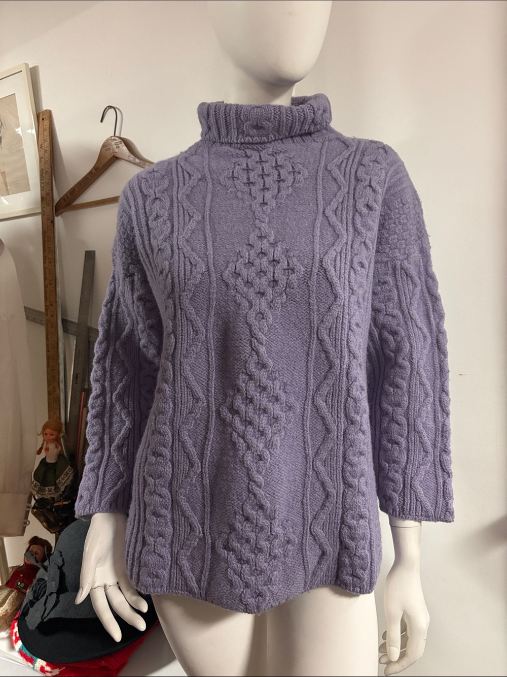 AranCrafts Merino Wool Classic Cable Knit Turtleneck Sweater - Lavender